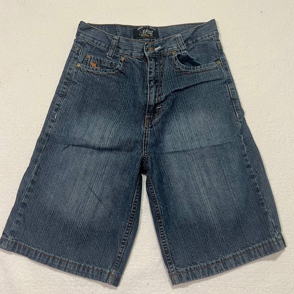 Mecca Apparel Boys Size 14 Baggy Denim Shorts Dark Wash Embroidered Y2K Kids